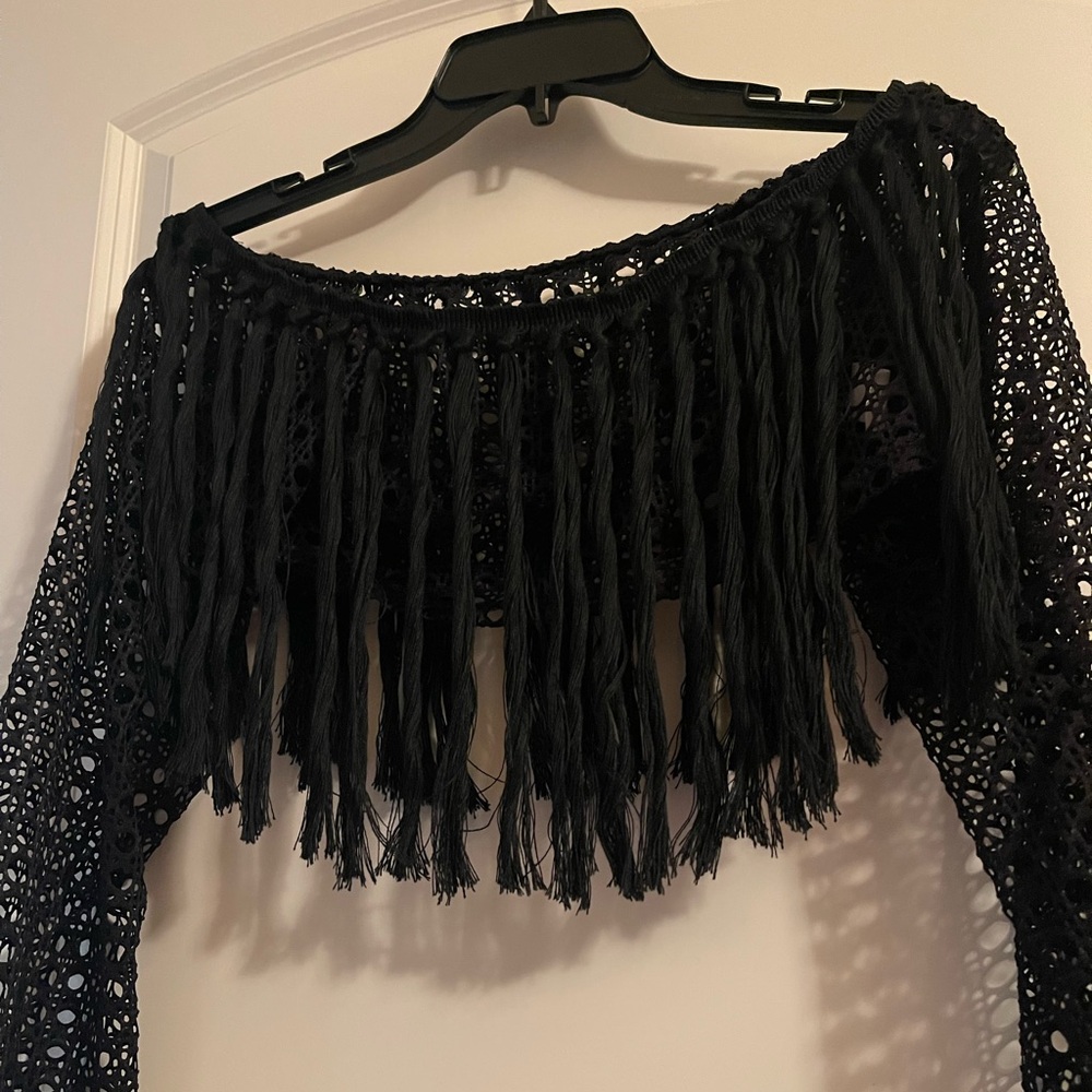 Black Crochet Fringe Top